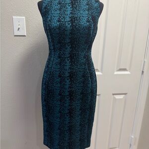 Calvin Klein Velvet-Flocked Sheath Dress | Teal & Black | Size 6P